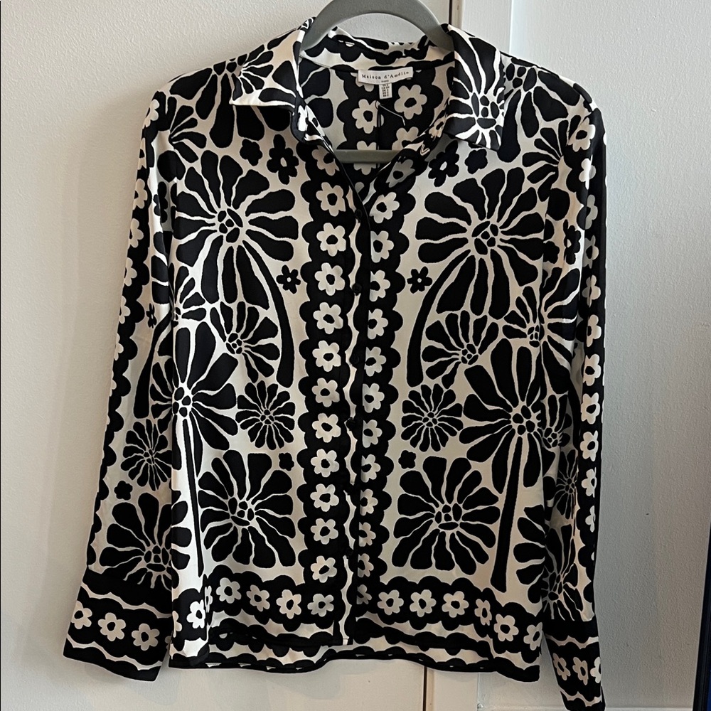 Satin Black and White Shirt with Floral Print